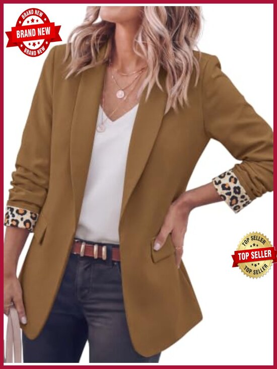 Jackets & Blazers - Open Front Blazer Shawl Collar Leopard Lined Business Casual Women's Suit Jacket